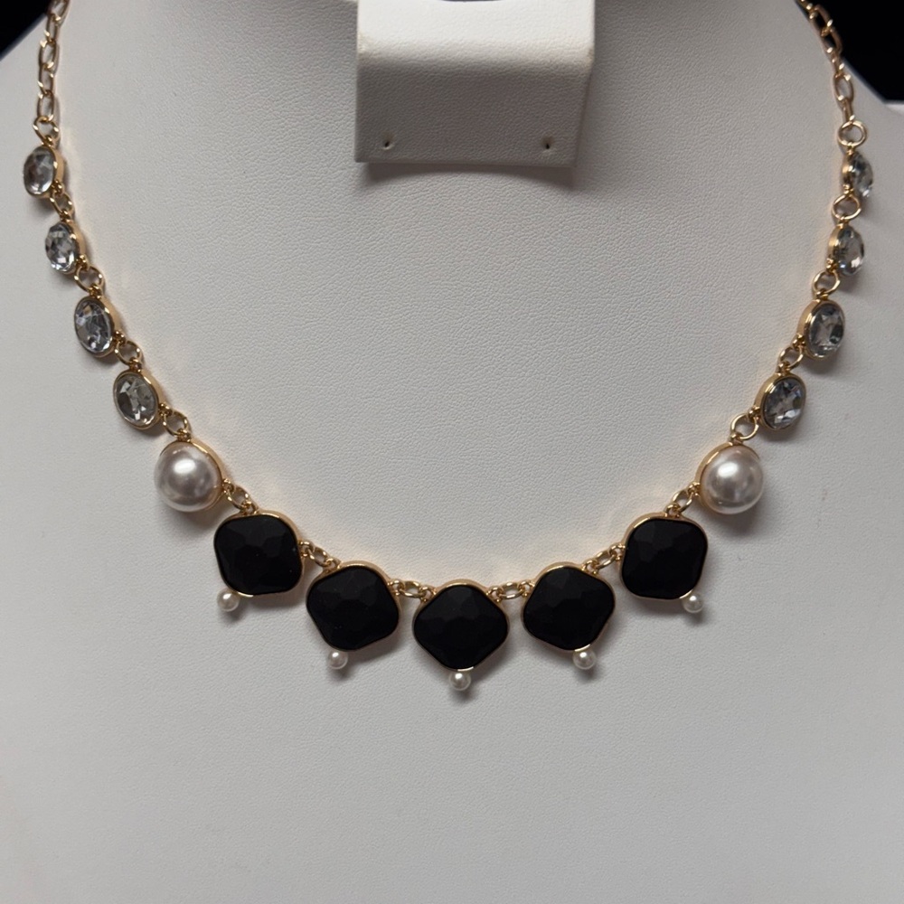 Isaac Mizrahi Black Square Stone and Crystal Necklace with Pearls 17-20 inch